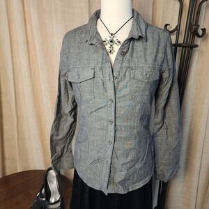 Harley Davidson Women's L Gray Chambray Button Up Shirt Moto Biker